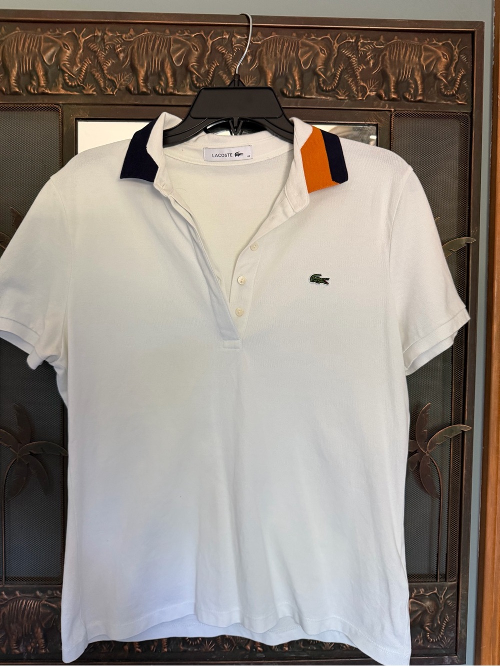 Lacoste Women’s  White Polo with Navy and Orange Contrast Collar